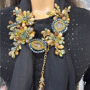 Statement Necklace Scarf with Beaded Floral Design